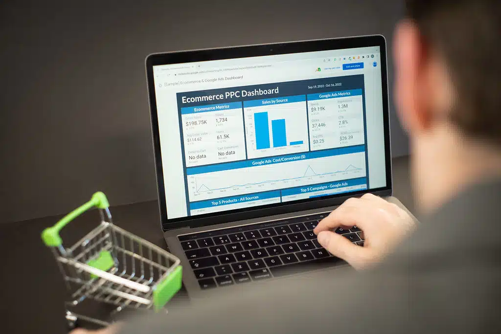 Analityka sklepu internetowego WooCommerce na laptopie — wtyczki WP Desk